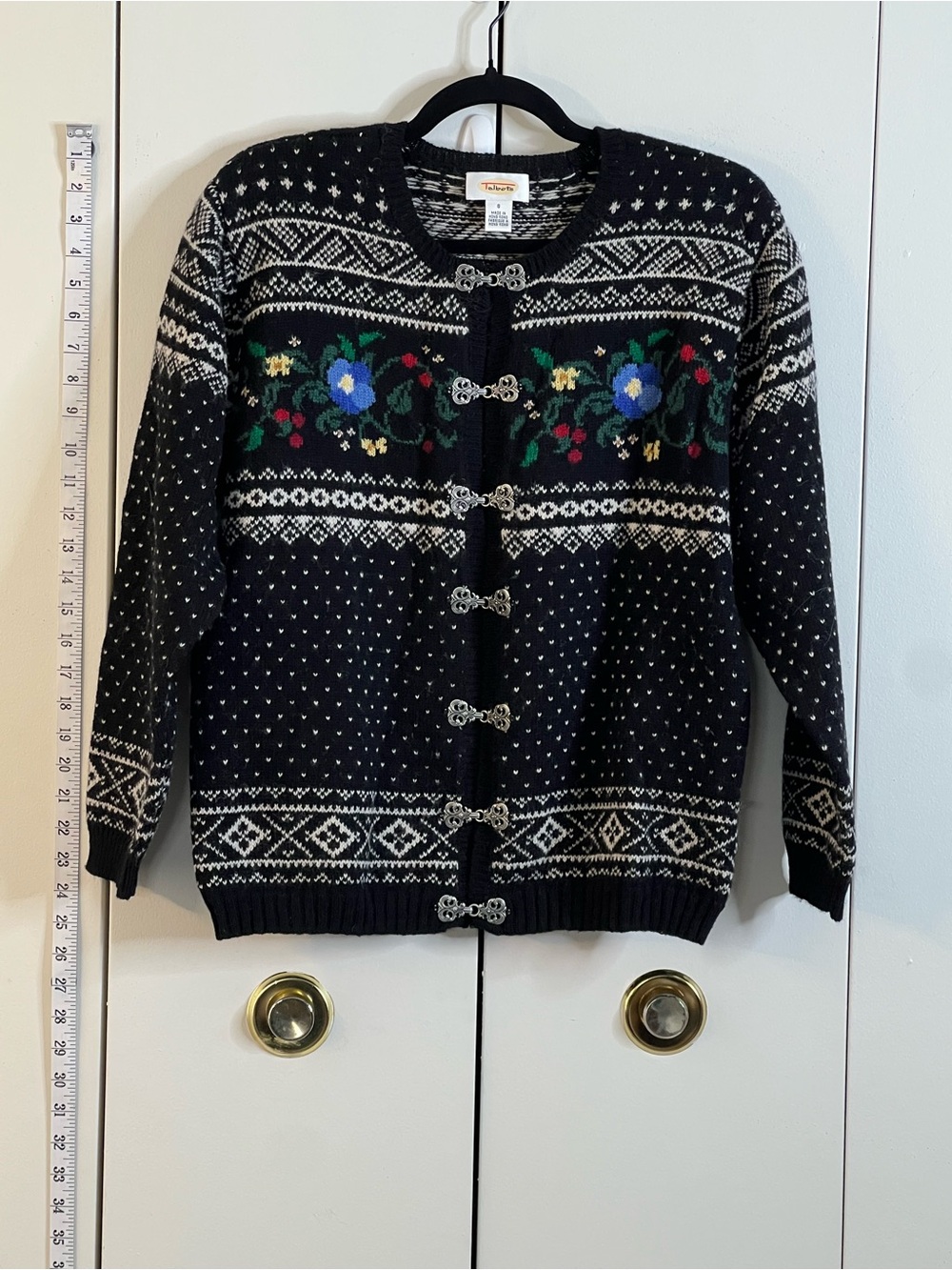 Talbots Fair Isle Floral Cardigan Sweater Black Wool Blend Silver Clasps Size S